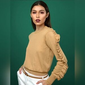 H&M Tan Ruffle-Trimmed Knit Sweater Size 2